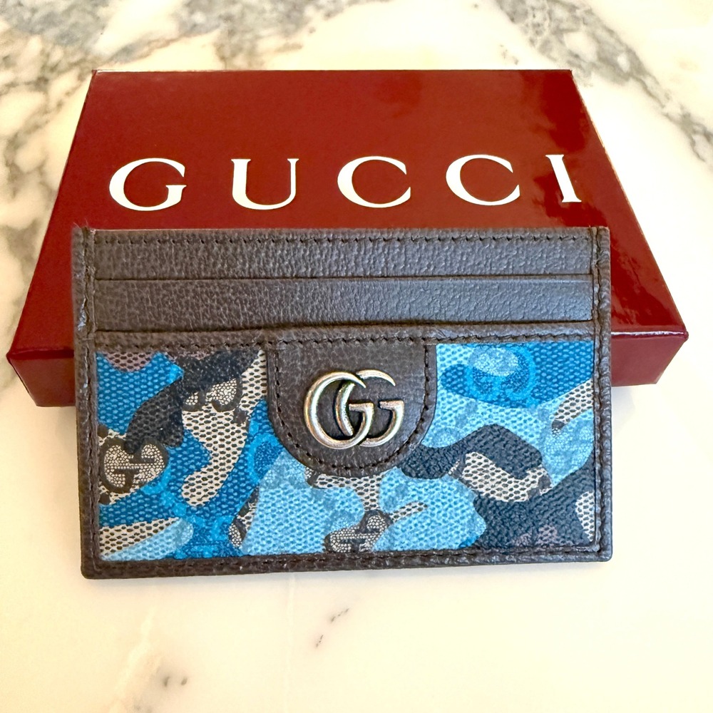 Gucci 834795 Brown Leather Blue Camo GG Supreme Canvas Card Holder Wallet - Picture 10 of 10